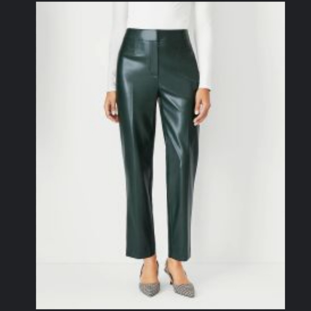 Ann Taylor Lana Classic Imitation Leather Straight Pants Sz 8 Boxwood Green